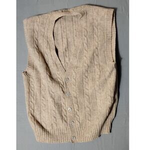 Centura Shetland Wool Cable Knit V Neck Button Front Vest Tan L
